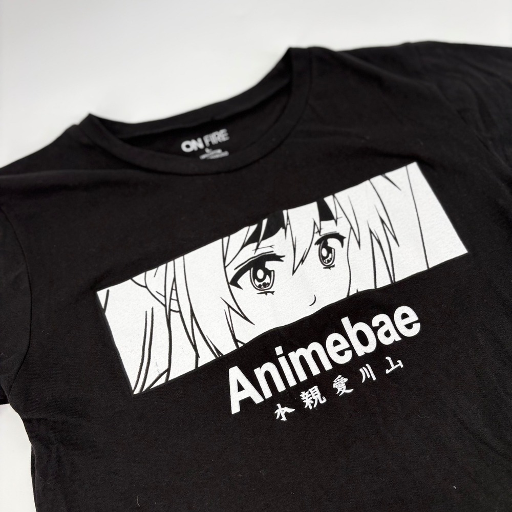 On Fire Animebae Graphic T-Shirt Size L Black Manga Eyes Streetwear Tee